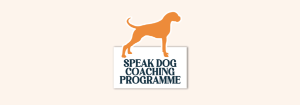 Online Dog Training Course logo using outline of a boxer dog with a white label defining the course name speak dog coaching programme my signature course